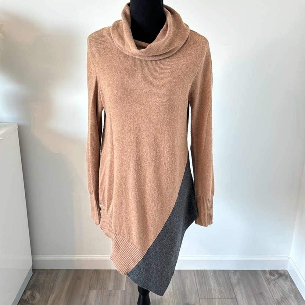 Stylus Brown and Gray Cowl Neck Asymmetrical Sweater Top
